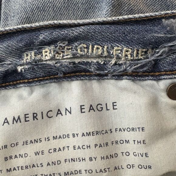 American Eagle Hi-Rise Girlfriend Jeans Destroyed Crop Cotton Denim Blue Size 12 - Picture 5 of 7